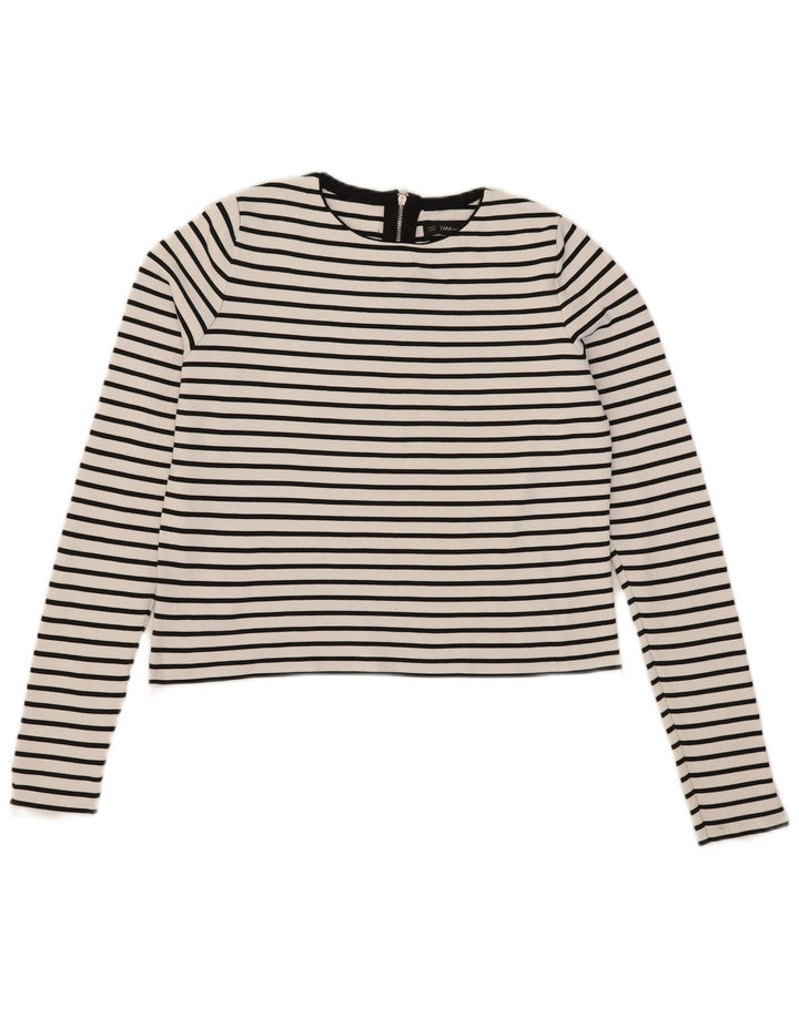 Zara Γυναικείο Crop Top μακρυμάνικο UK 12 μεσαίο λευκό ριγέ