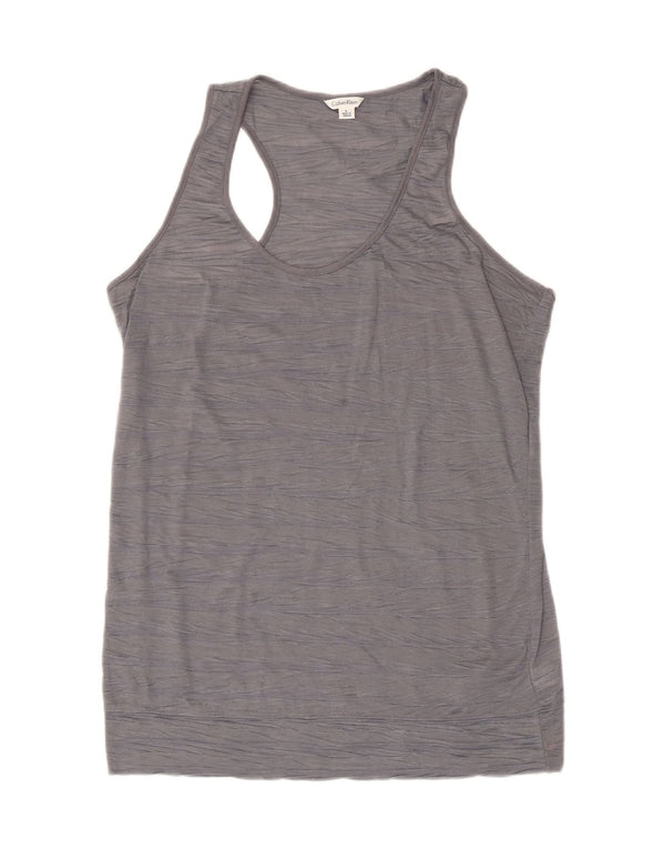 CALVIN KLEIN Womens Vest Top UK 14 Large Grey Striped Polyester