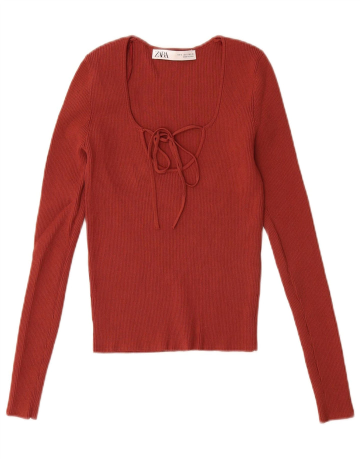 Zara Γυναικείο Crop Top Μακρυμάνικο UK 8 Μικρή Κόκκινη Βισκόζη