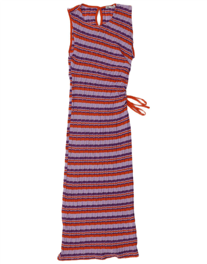 Γυναικείο αμάνικο φόρεμα ZARA UK 12 μεσαίο μωβ ριγέ πολυεστέρα