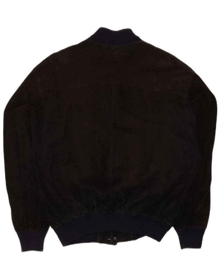 Vintage Ανδρικό Suede Bomber Jacket UK 38 Medium Black Colourblock Δέρμα