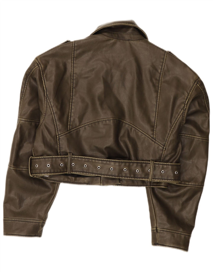 Zara Γυναικείο Μπουφάν Biker από Faux Leather UK 14 Medium Green Polyester