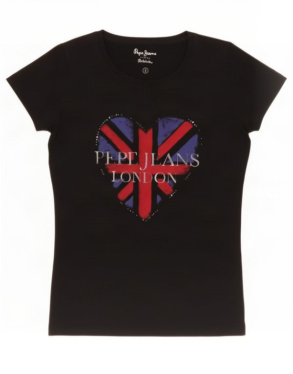 Γυναικείο γραφικό μπλουζάκι PEPE Jeans Top UK 10 Μικρό μαύρο βαμβακερό