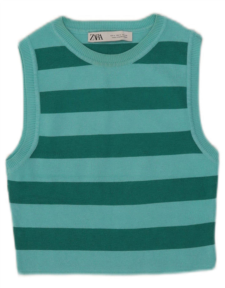 Zara Γυναικείο γιλέκο Crop UK 12 μεσαία πράσινη ριγέ βισκόζη