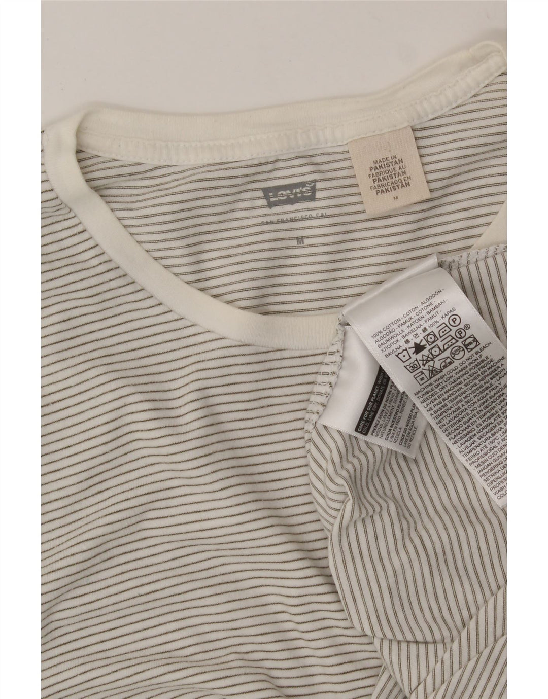 LEVI'S Womens T-Shirt Top UK 14 Medium White Pinstripe Cotton Vintage Levi's and Second-Hand Levi's from Messina Hembry 