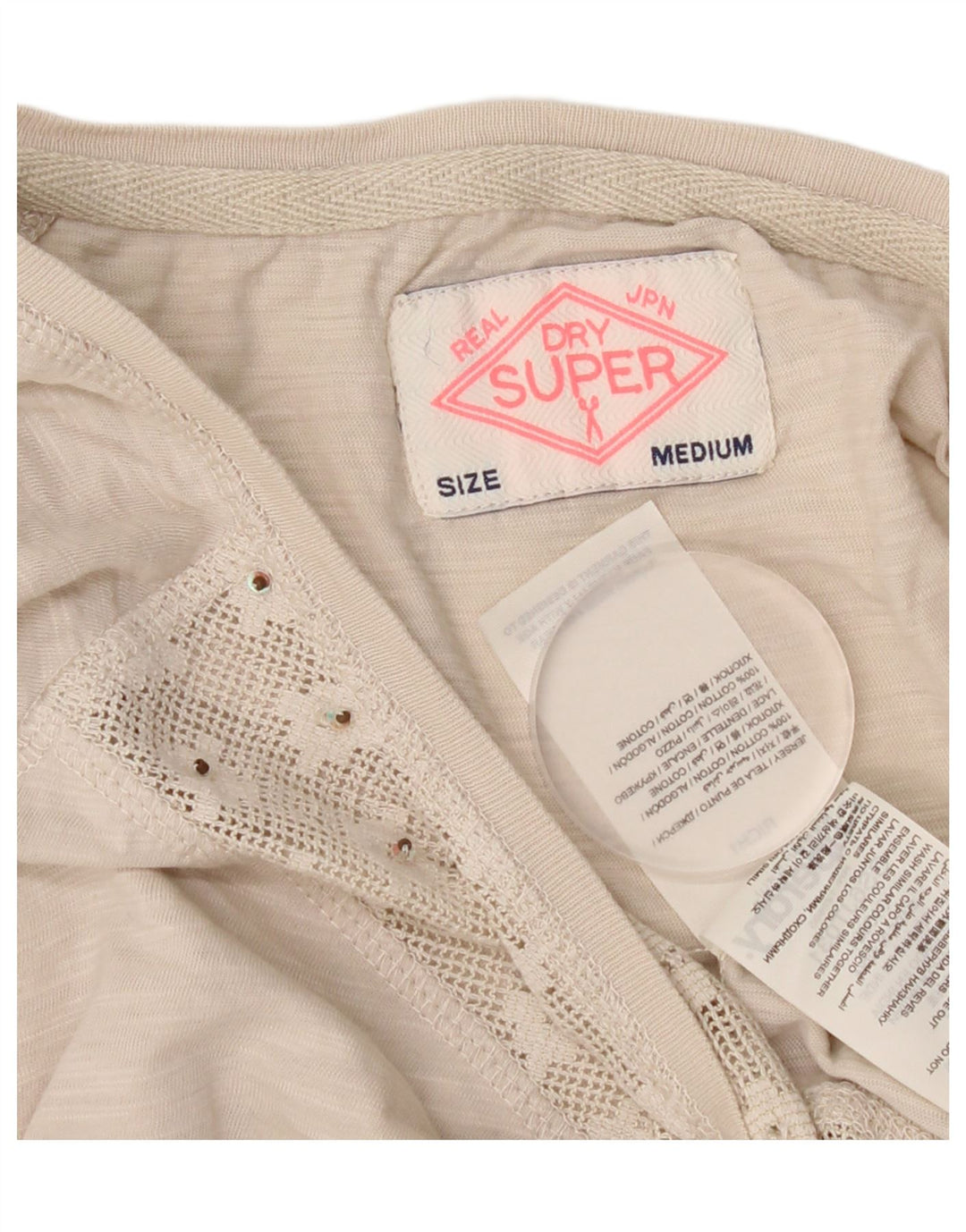 Superdry γυναικεία μπλούζα με μανίκια 3/4 τοπ UK 12 μεσαίο μπεζ βαμβακερό