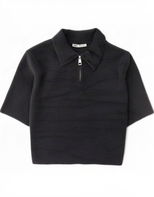 Zara γυναικείο πουλόβερ με κοντό μανίκι polo λαιμόκοψη UK 14 μεγάλο γκρι