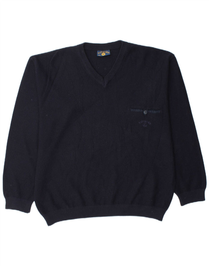 NAVIGARE Ανδρικό πουλόβερ με λαιμόκοψη 2XL Navy Blue Merino Wool