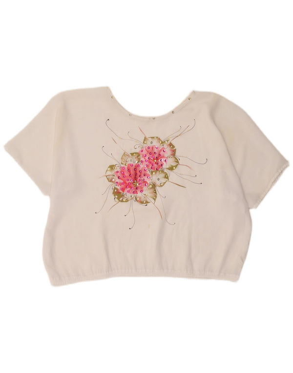 Vintage Γυναικεία Crop Μπλούζα UK 18 XL Λευκό Floral