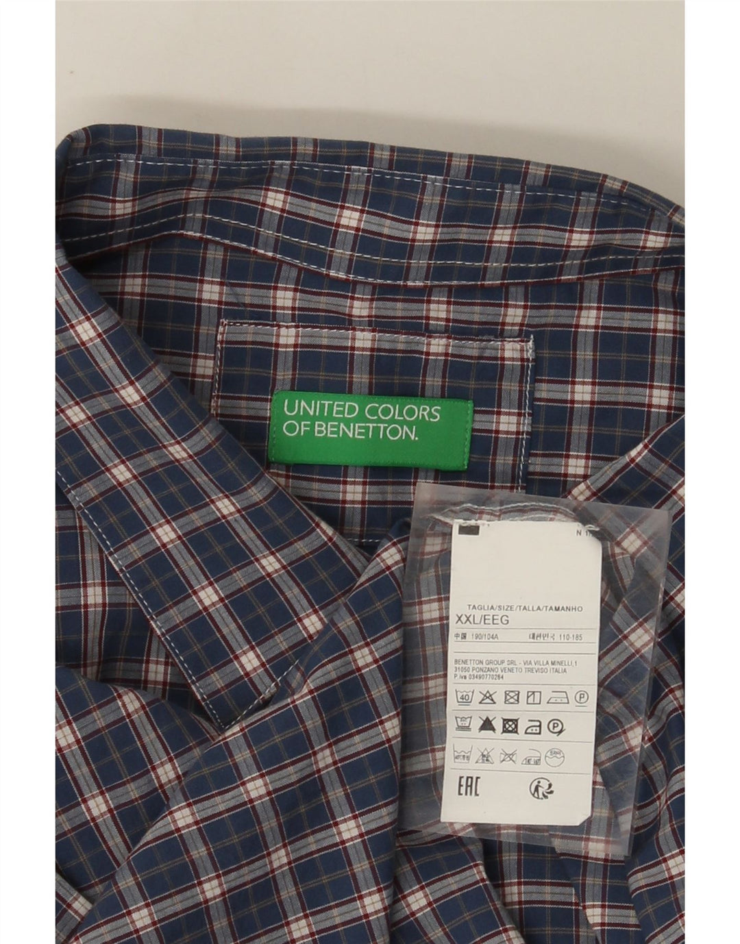 Ανδρικό πουκάμισο Benetton 2XL Navy Blue Check Cotton