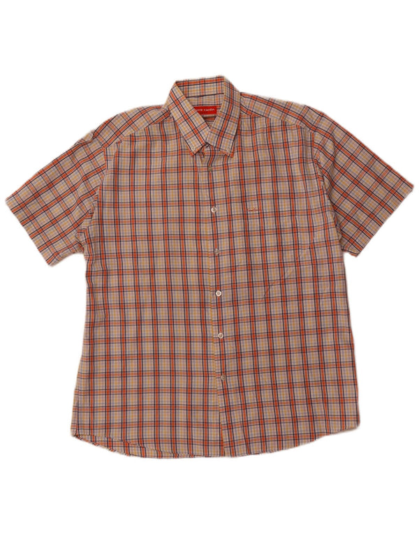 Pierre Cardin Mens Short Sleeve Shirt Size 40 Medium Orange Check Cotton