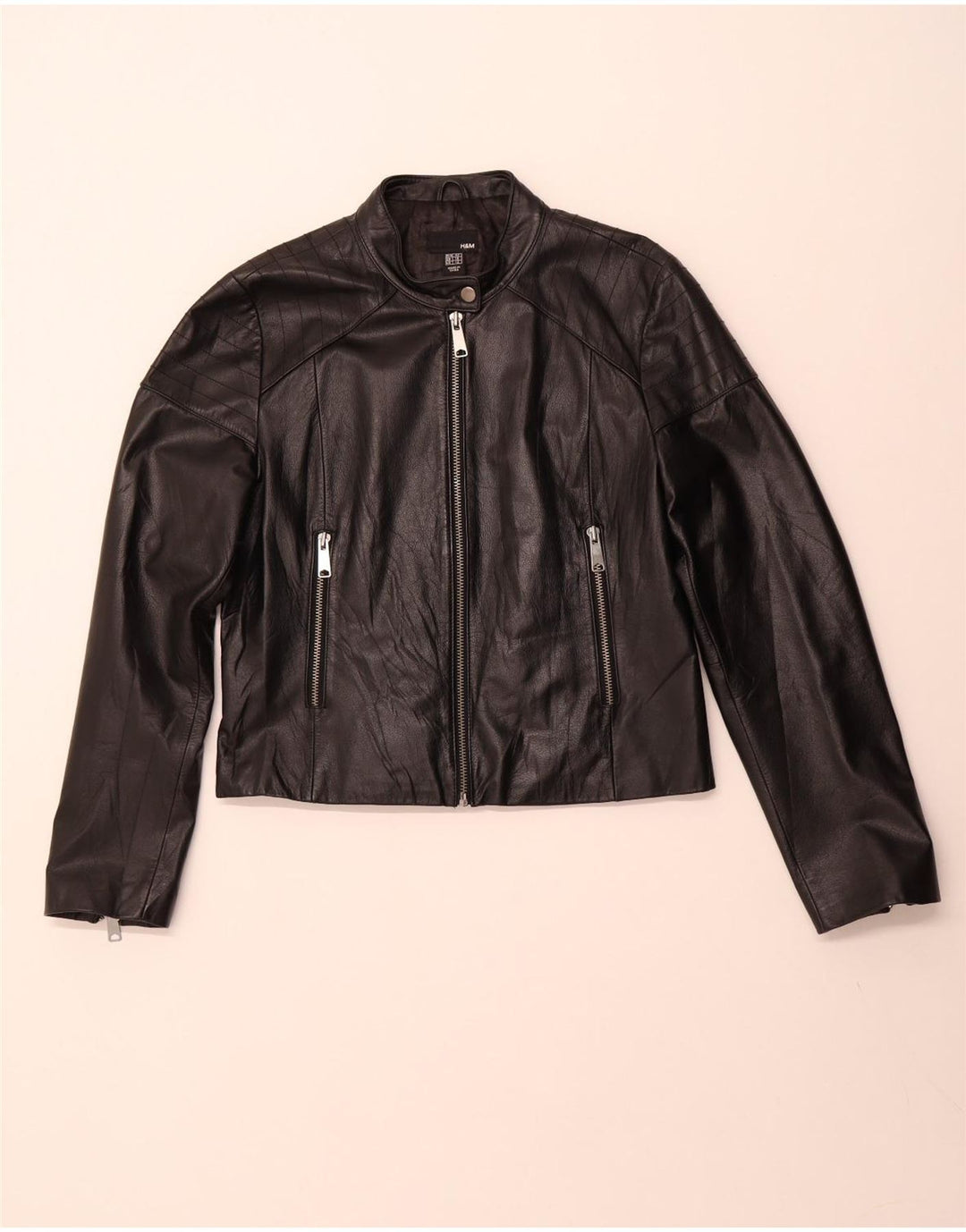 H&M Γυναικείο Crop Leather Jacket UK 16 Large Black Leather