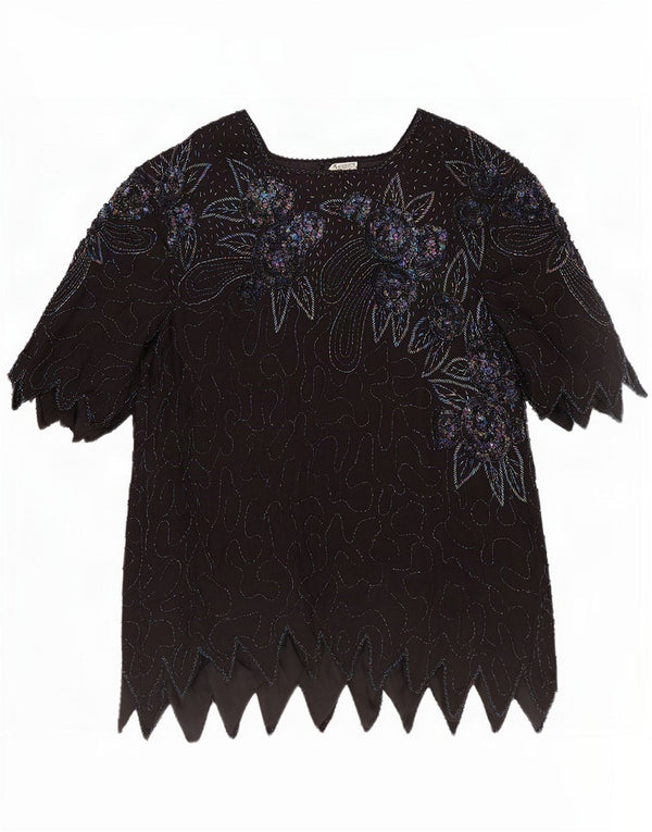 Vintage γυναικεία βραδινή μπλούζα τοπ UK 18 XL Μαύρο φλοράλ μετάξι