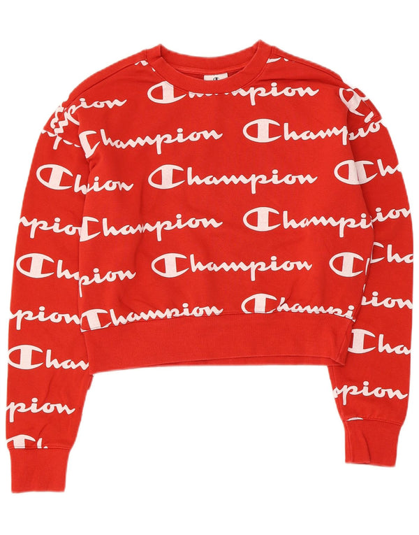 Champion Womens Crop Graphic Oversized φούτερ Jumper UK 6 XS Red Cotton