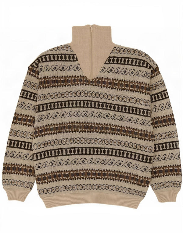 Vintage ανδρικό πουλόβερ με φερμουάρ IT 54 XL Μπεζ γεωμετρικό ακρυλικό