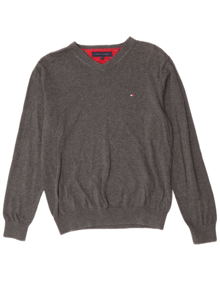 Ανδρικό πουλόβερ Tommy Hilfiger με V λαιμόκοψη, μεσαίο βαμβακερό γκρι