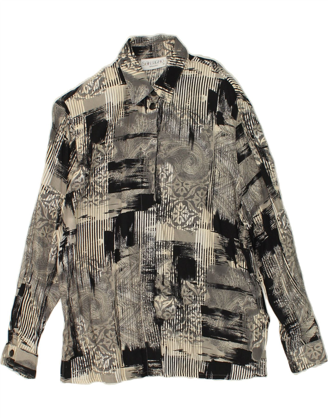 SAN REMO Womens Oversized Shirt Blouse IT 40 Small Grey Patchwork Viscose | Vintage San Remo | Thrift | Second-Hand San Remo | Used Clothing | Messina Hembry 