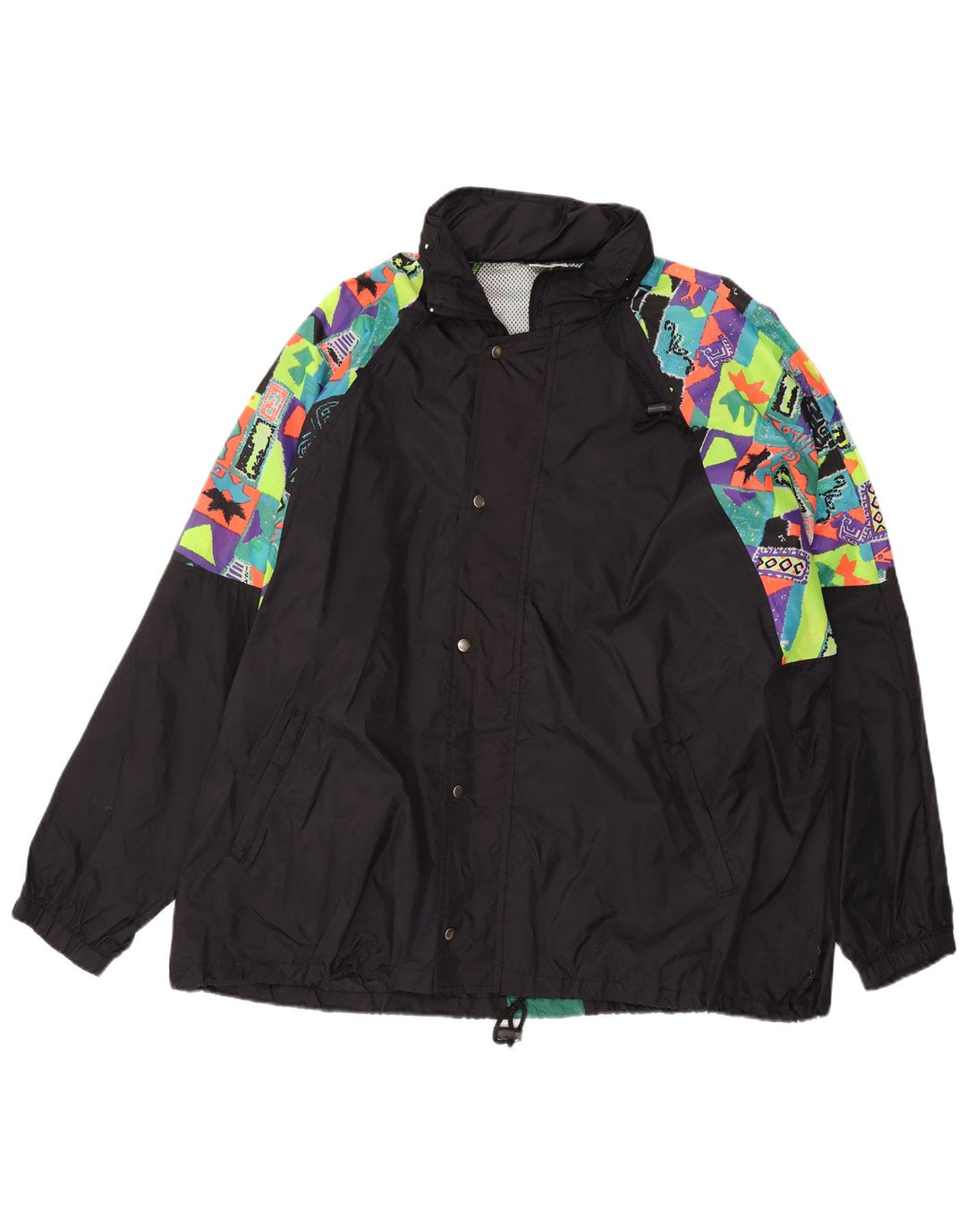 VINTAGE Ανδρικό μπουφάν βροχής με κουκούλα UK 44 2XL Μαύρο γεωμετρικό