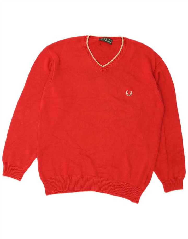Ανδρικό πουλόβερ Fred Perry με V λαιμόκοψη, μεσαίο κόκκινο βαμβακερό