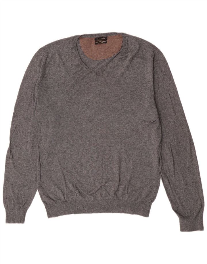 Massimo Dutti Ανδρικό πουλόβερ με λαιμόκοψη V-λαιμόκοψη μεγάλο γκρι βαμβακερό Classic