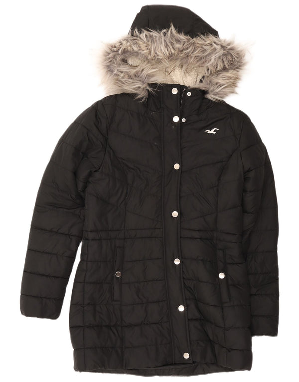 Hollister γυναικείο παλτό με κουκούλα Sherpa UK 14 Μεσαίο μαύρο πολυεστέρα