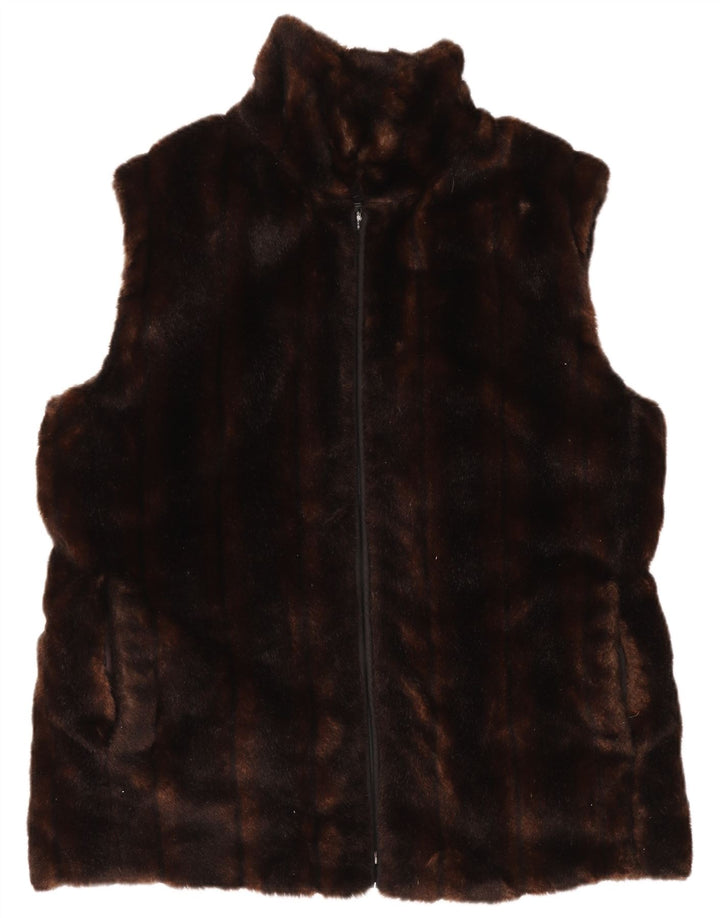 VINTAGE Γυναικεία Faux Fur Gilet UK 14 Μεσαίο Καφέ Ακρυλικό