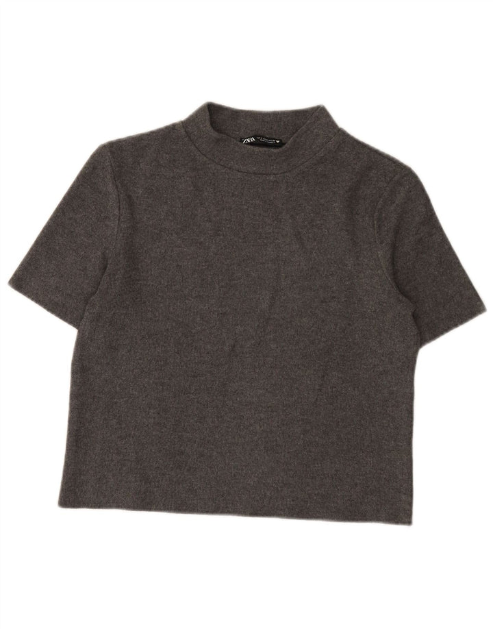 Zara Γυναικείο T-Shirt Crop Top UK 10 Small Grey Polyester
