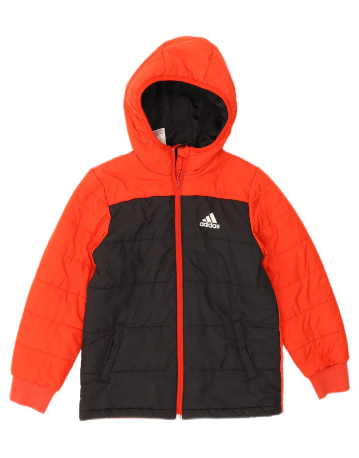 ADIDAS Girls Hooded Padded Jacket 7-8 Years Red Colourblock Polyester Vintage Adidas and Second-Hand Adidas from Messina Hembry 