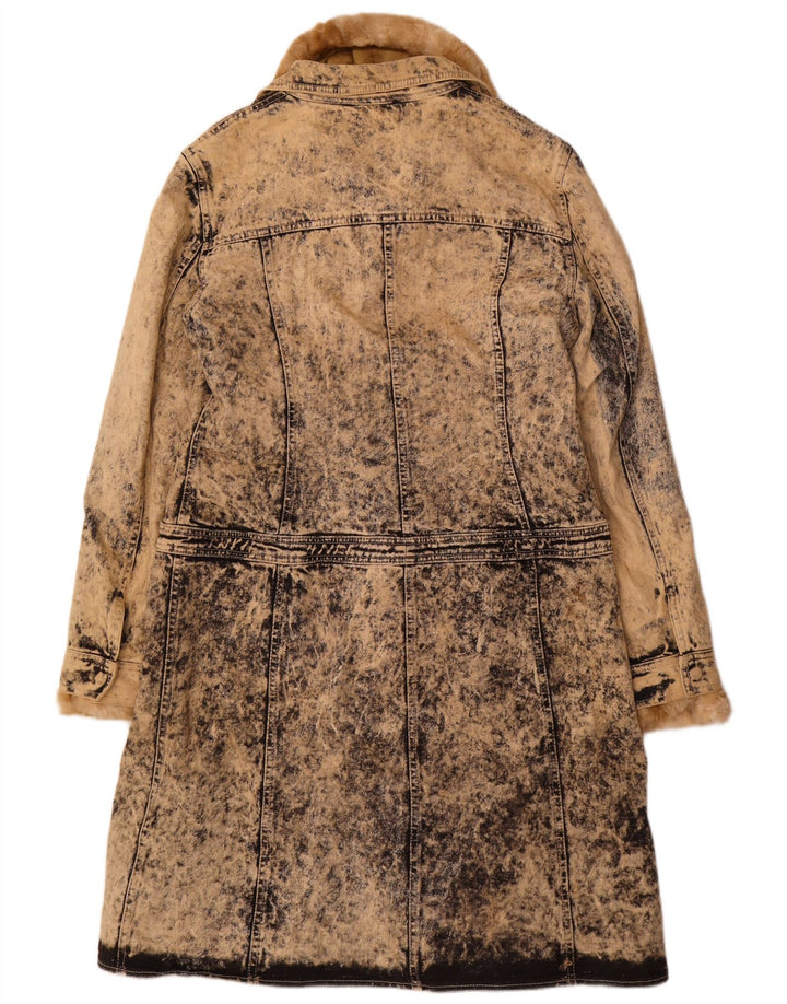 VINTAGE Γυναικείο Acid Wash Sherpa Denim Παλτό IT 46 Μεγάλο Μπεζ βαμβακερό