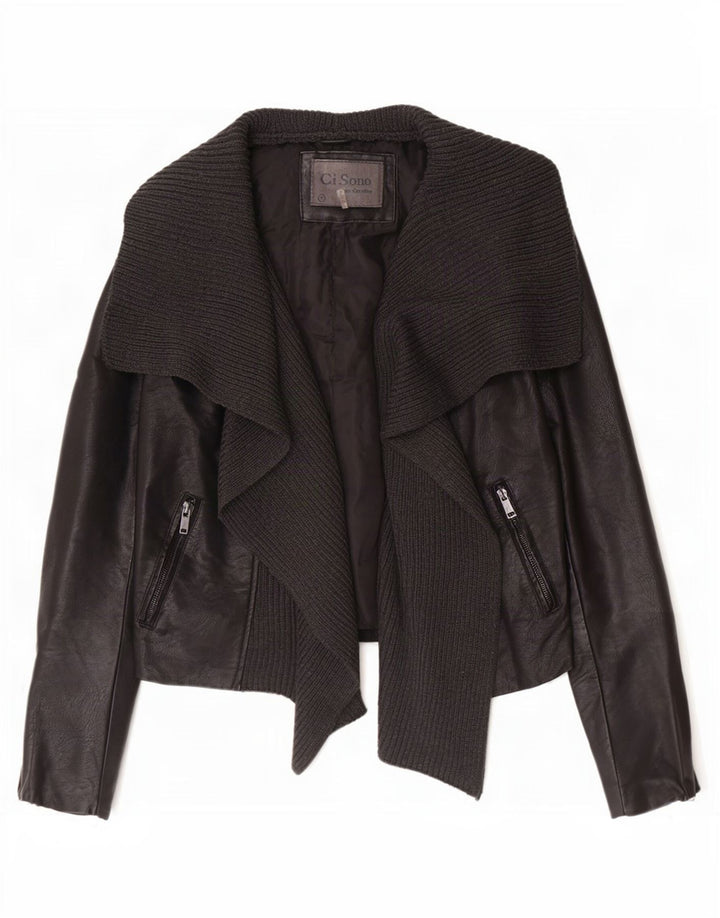 Cavalini Γυναικείο Ανοιχτό Faux Leather Biker Jacket UK 18 XL Μαύρο Πολυουρεθάνη