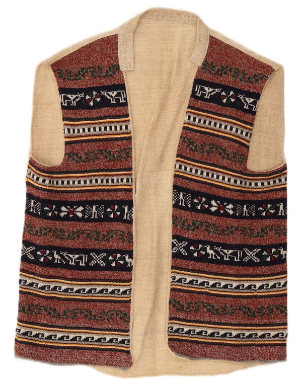 Vintage Mens Open Gilet UK 38 Medium Burgundy Geometric