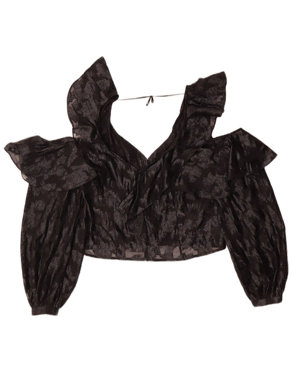 Vintage γυναικεία Crop μακρυμάνικη μπλούζα τοπ UK 14 Medium Black Floral