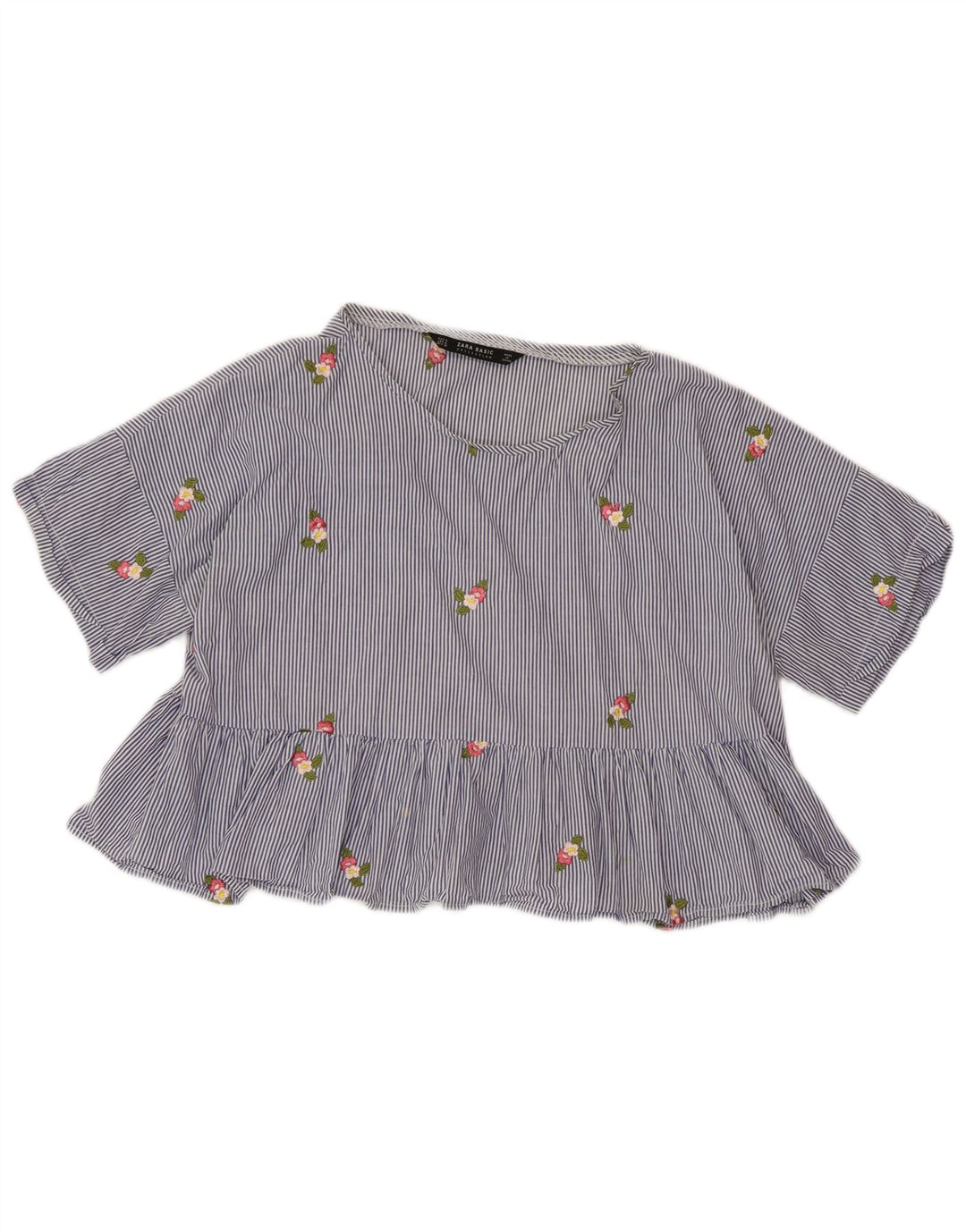 ZARA Γυναικεία Crop Μπλούζα Τοπ UK 14 Medium Blue Pinstripe