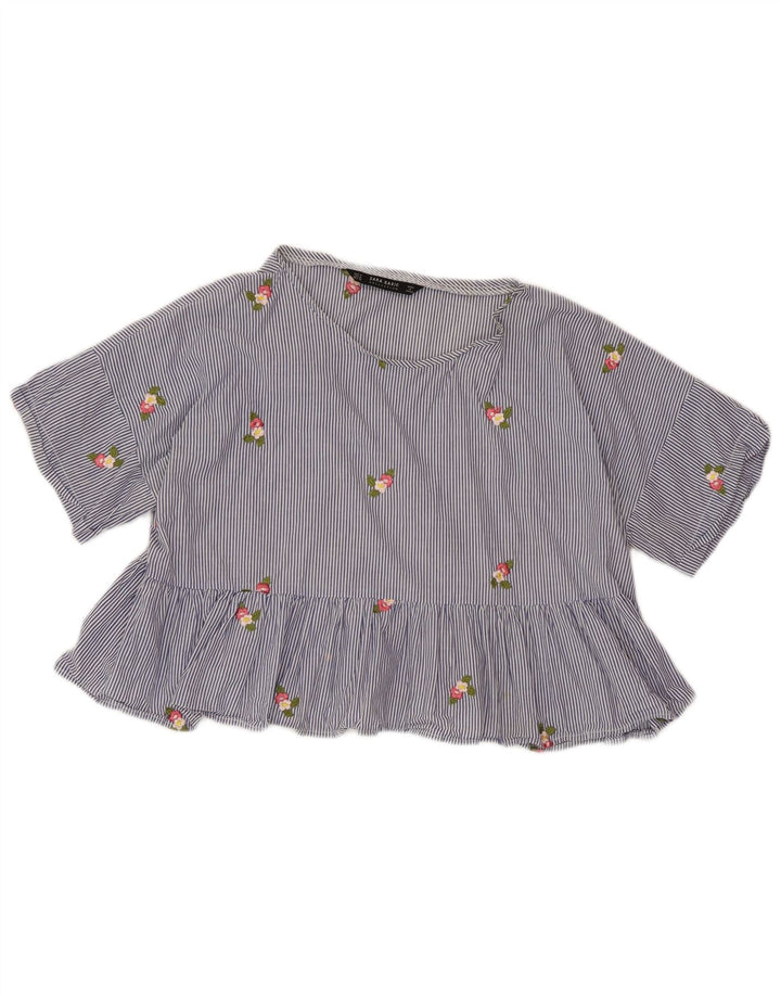 ZARA Γυναικεία Crop Μπλούζα Τοπ UK 14 Medium Blue Pinstripe