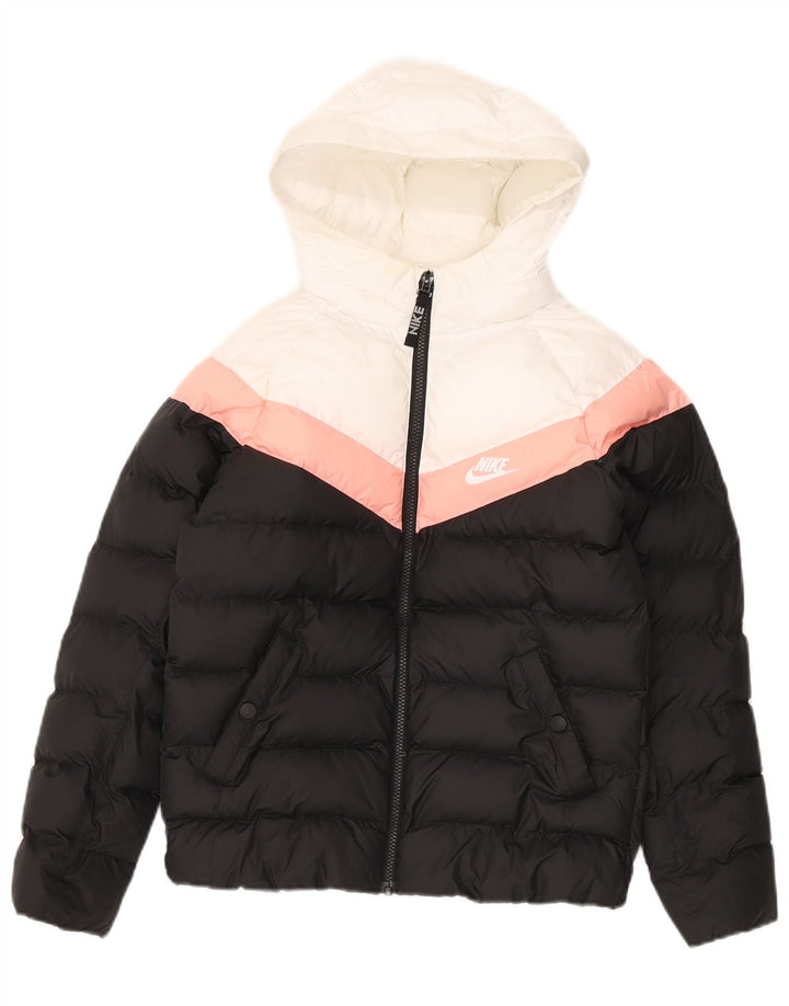 Nike Girls Hooded Jacket 10-11 Years Medium Black Colorblock