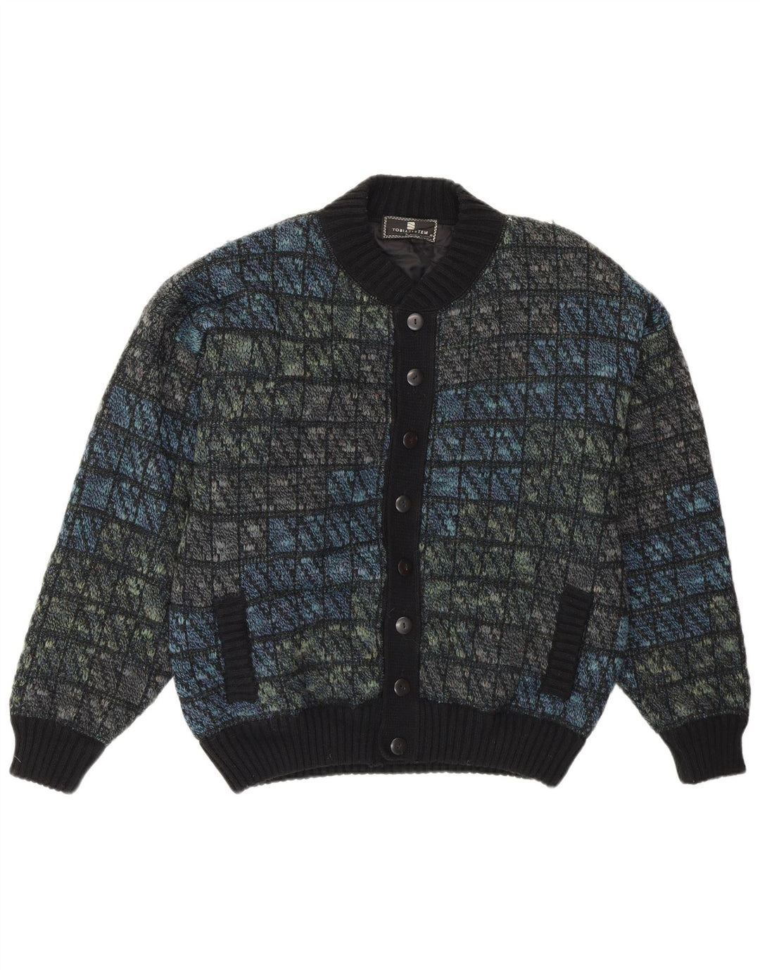 Tobia System Ανδρικό πλεκτό μπουφάν bomber EU 46 Small Navy Blue Check Wool Retro