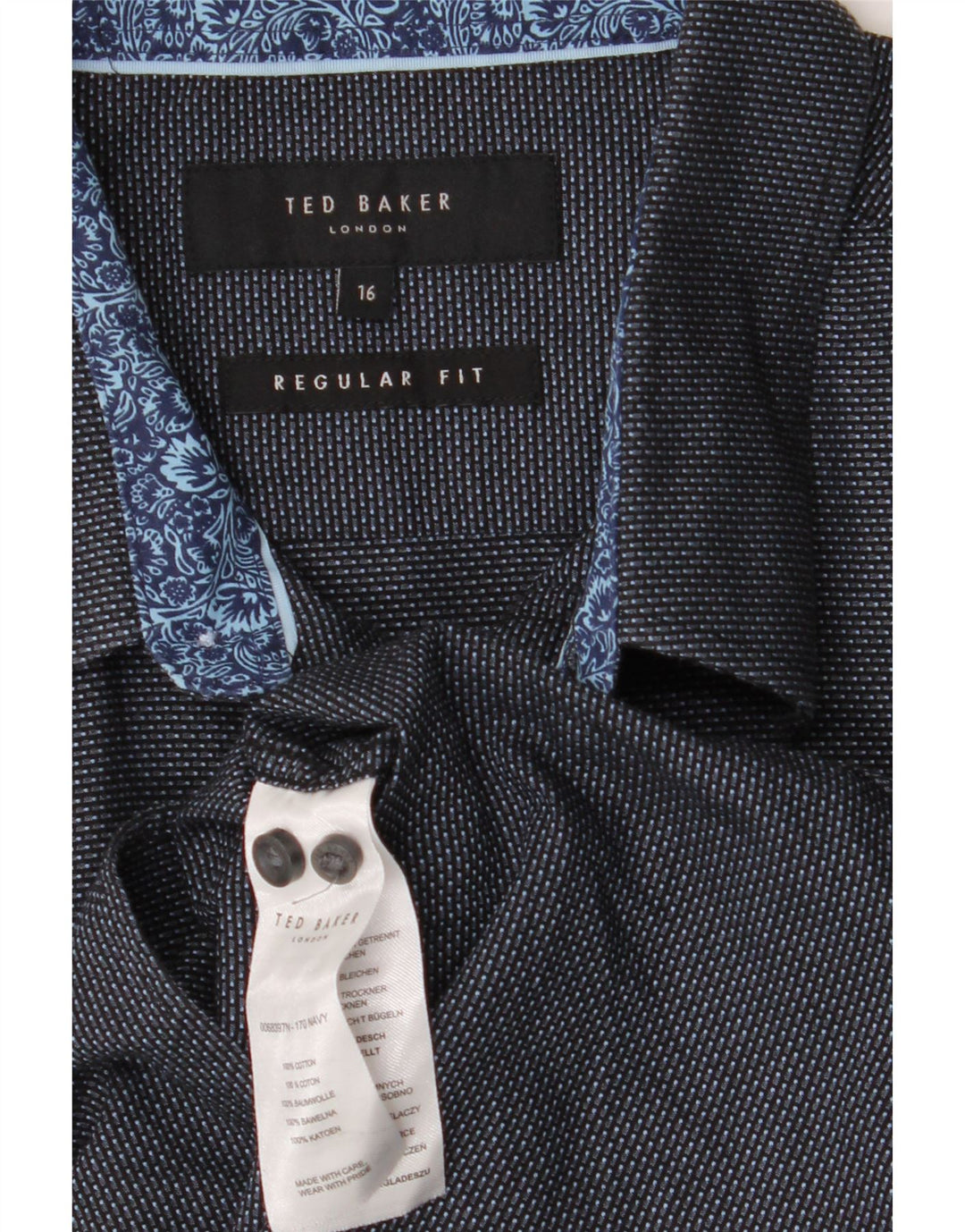 TED BAKER Ανδρικό πουκάμισο με κανονική εφαρμογή, μέγεθος 16, Μεγάλο μπλε ναυτικό βαμβακερό στίγμα