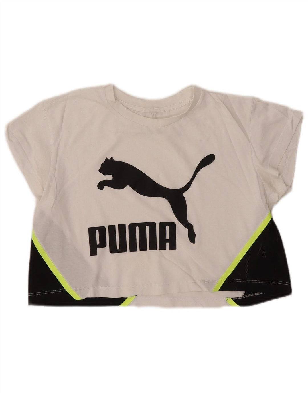 Γυναικείο μπλουζάκι PUMA Crop, γραφικό, κορυφαίο UK 2 2XS White Colourblock