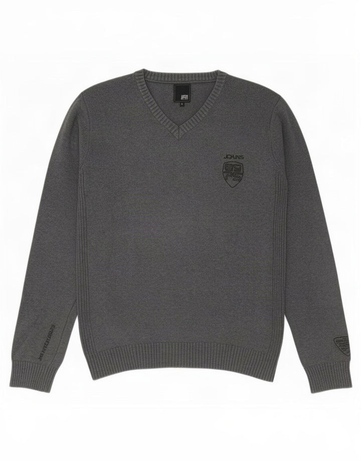 Ανδρικό πουλόβερ Jack & Jones με V λαιμόκοψη, μεσαίο βαμβακερό γκρι