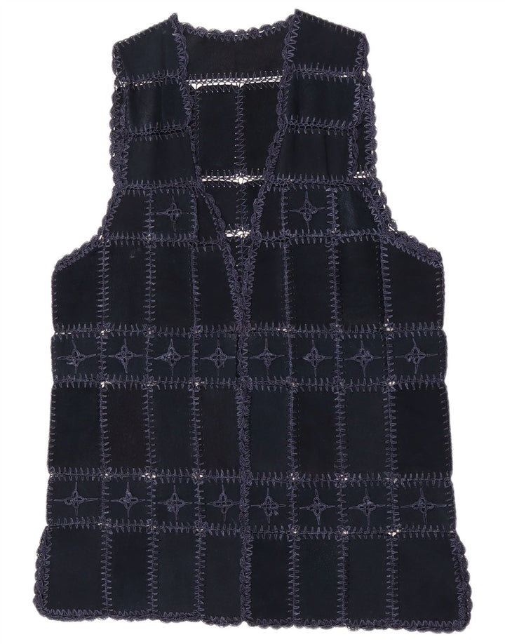 Vintage Γυναικείο Suede Gilet UK 14 Medium Navy Blue Patchwork