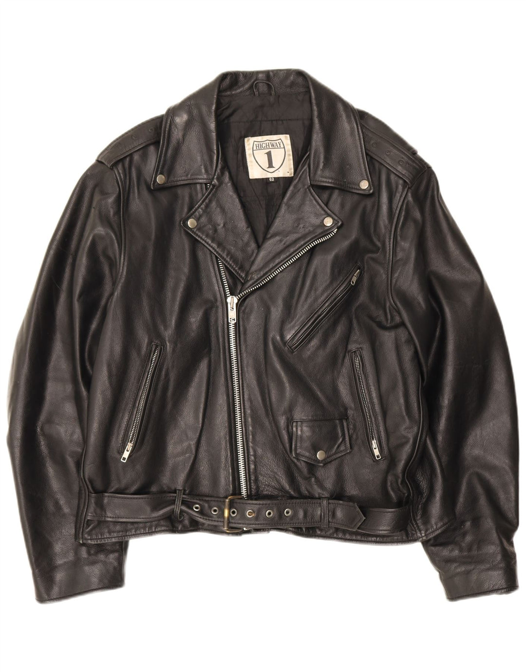 Highway 1 Mens Leather Biker Jacket Size 62 4XL Black Leather