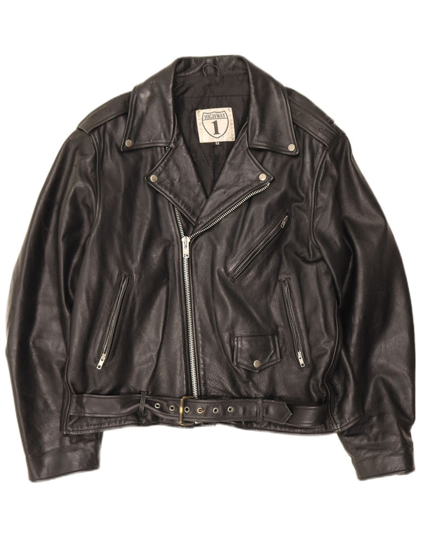 Highway 1 Mens Leather Biker Jacket Size 62 4XL Black Leather