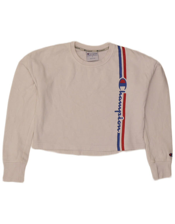 Champion Womens Oversized Crop Graphic Φούτερ Jumper UK 10 Small White