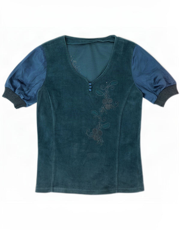Vintage Womens Velour Blouse Top UK 14 Medium Blue Floral Cotton