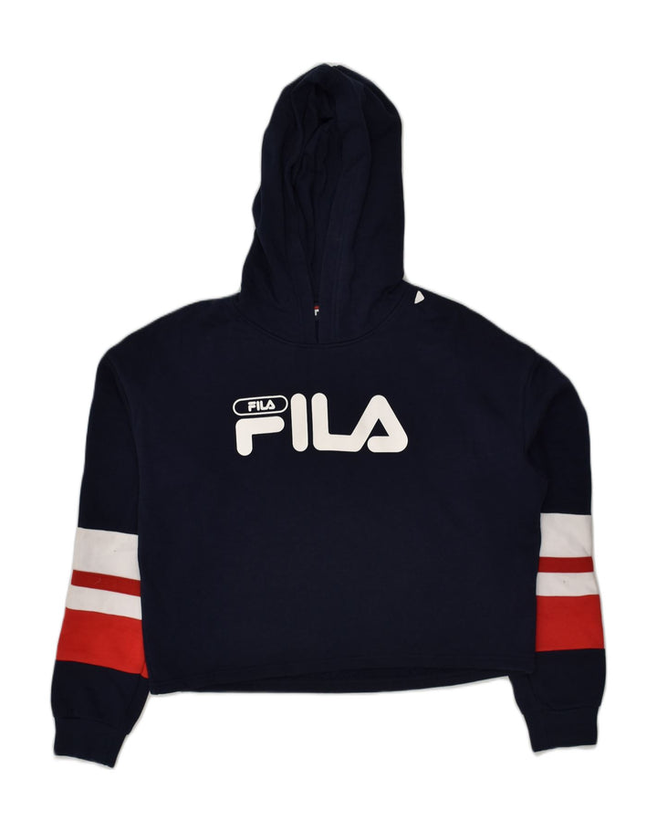 FILA Womens Graphic Hoodie Jumper UK 12 Medium Navy Blue Cotton | Vintage Fila | Thrift | Second-Hand Fila | Used Clothing | Messina Hembry 