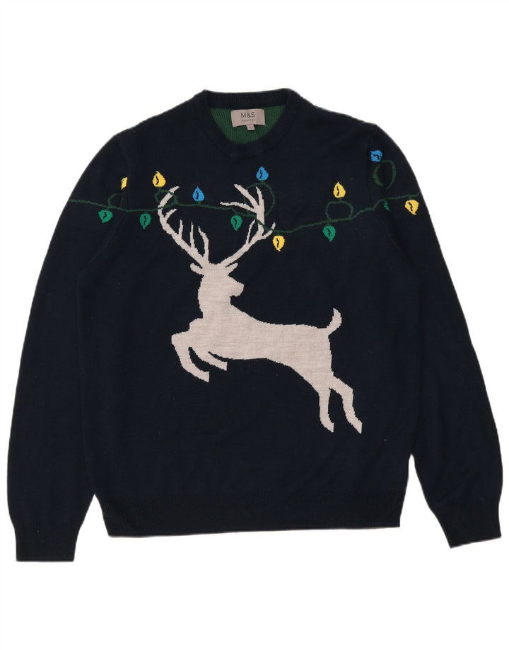 Ανδρικό πουλόβερ Marks & Spencer Graphic Crew Neck Jumper Large Navy Blue
