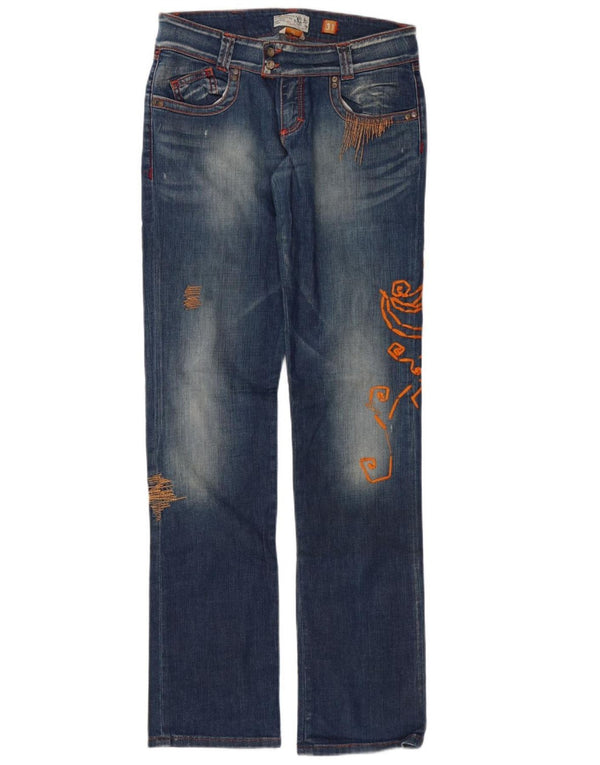 VINTAGE Womens Graphic Straight Jeans W31 L35 Blue Cotton