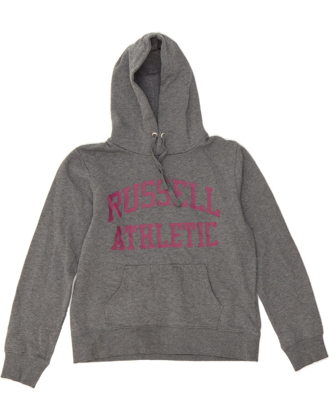 RUSSELL ATHLETIC Womens Graphic Hoodie Jumper US 10 Medium Grey Polyester Vintage Russell Athletic and Second-Hand Russell Athletic from Messina Hembry 