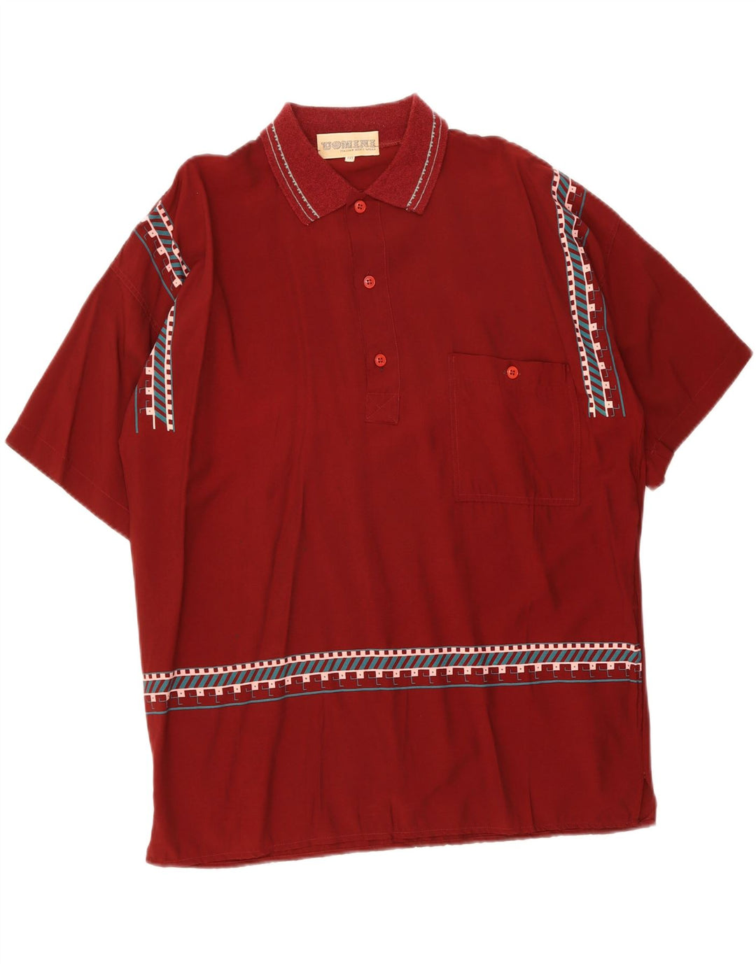 VINTAGE Mens Polo Shirt Medium Burgundy Geometric Viscose