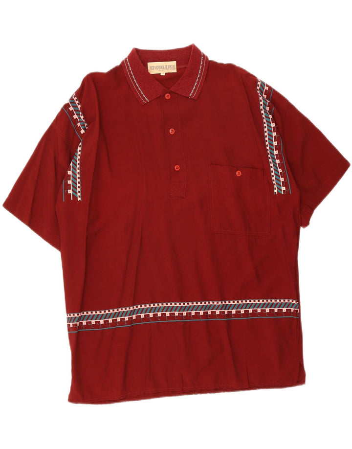 VINTAGE Mens Polo Shirt Medium Burgundy Geometric Viscose
